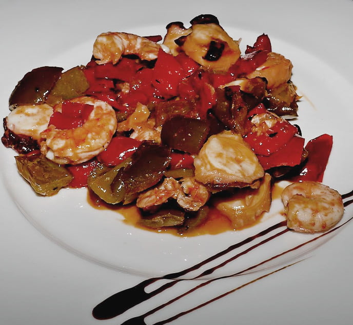 pulpo con gambas y verduras